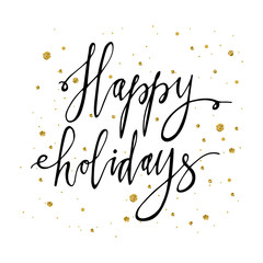 Happy holidays postcard template. Modern New Year lettering with snowflakes isolated on white background. Christmas card concept. Handwritten modern brush lettering. © kollibri