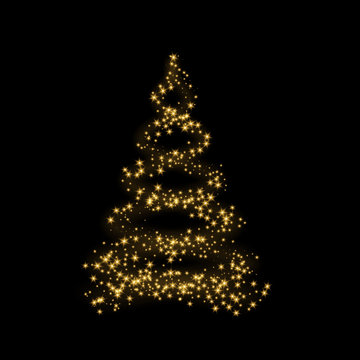 Christmas tree card background. Gold Christmas tree as symbol of Happy New Year, Merry Christmas holiday celebration. Golden light decoration. Bright shiny design Vector illustration
