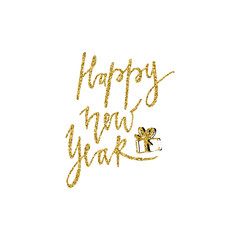 New Year hand drawn lettering with gold glitter texture and Christmas gift. Vector illustration. Perfect for greeting cards, posters, banners and flyers. Xmas design.