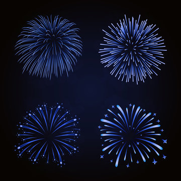 Beautiful blue fireworks set. Bright fireworks isolated black background. Light blue decoration fireworks for Christmas, New Year celebration, holiday festival, birthday card Vector illustration