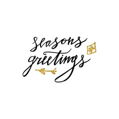Season's Greetings card with christmas present, gold glitter elements. Hand lettering calligraphic inscription by brush for Christmas, New Year greeting card template. Vector illustration.