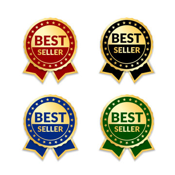 Ribbons award best seller set. Gold ribbon award icon isolated white background. Bestseller golden tag sale label, badge, medal, guarantee quality product, business certificate Vector illustration