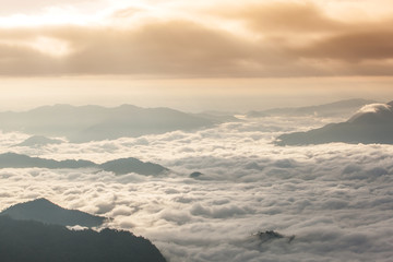 Beautiful landscape of mountain layer in morning sun ray and winter fog at Phu chi fa national forest park in ,Chiang Rai, Thailand