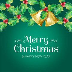 Merry Christmas greeting with golden bell and holly vector illustration on green background