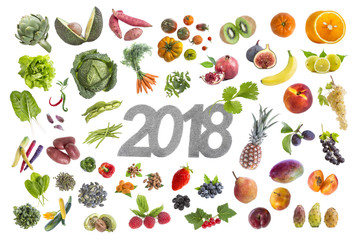 New year good resolution five fruit and vegetable 2018 whritten in the midde on white