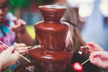 Vibrant Picture of Chocolate Fountain Fontain on a children kids birthday party with a kids playing around and dipping marshmallows and fruits into the fountain
