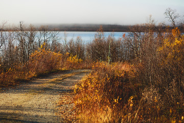 Beautiful vibrant fall autumn landscape of national park near border of Finland, Sweden and Norway, with mountains, camping place, road and forest