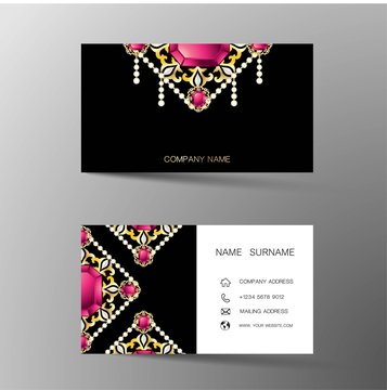 Luxurious Indian business card design, diamond gem jewelry color.Contact card for company. Two sided. Vector illustration. Flat design.