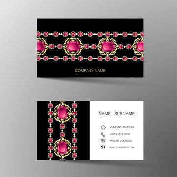 Luxurious Indian business card design, diamond gem jewelry color.Contact card for company. Two sided. Vector illustration. Flat design.