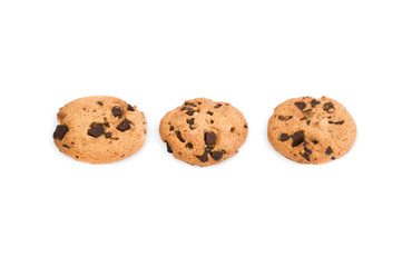 Three Chocolate chip cookies isolated on white background