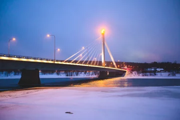 Fotobehang Night winter view of Rovaniemi city, Lapland, Finland © tsuguliev