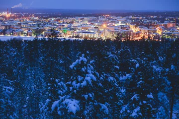 Tuinposter Night winter view of Rovaniemi city, Lapland, Finland © tsuguliev