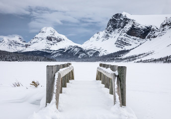 A pathway over a bridge leads towards snowy mountains