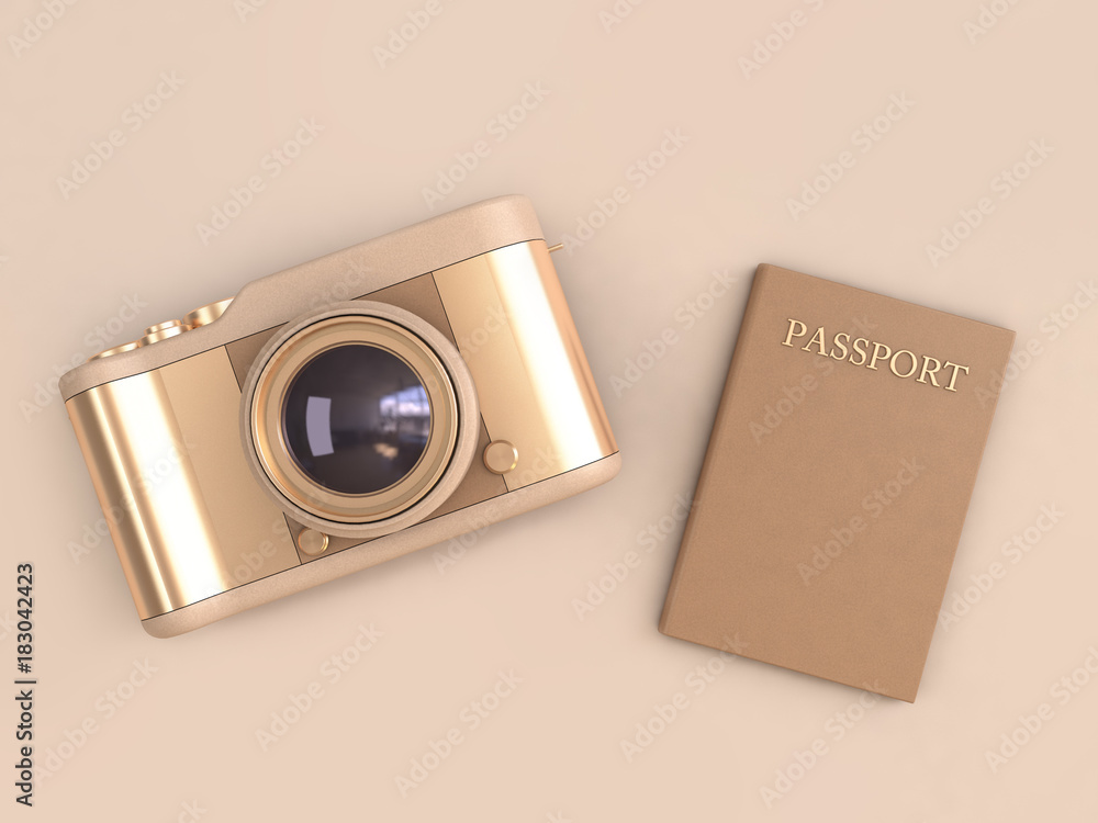 Aufkleber abstract gold camera and passport minimal cream background 3d rendering technology concept