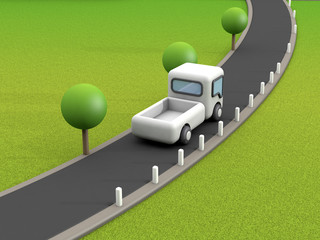 green field nature country road white truck driving cartoon 3d rendering