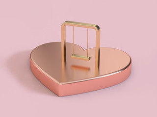 abstract pink-rose gold heart shape and gold swing pink background 3d rendering