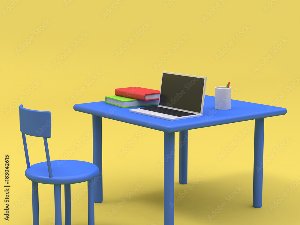 Poster yellow scene cartoon style 3d rendering laptop computer on table