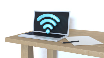 laptop computer with abstract wifi icon on table 3d rendering