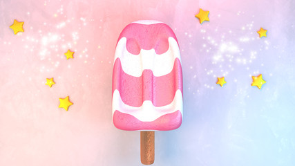 Carton strawberry popsicle and stars. 3d rendering picture.