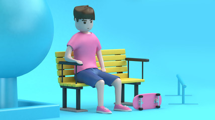 boy sitting on chair and skateboard 3d rendering cartoon style blue scene boy sitting on chair and skateboard 3d rendering cartoon blue background