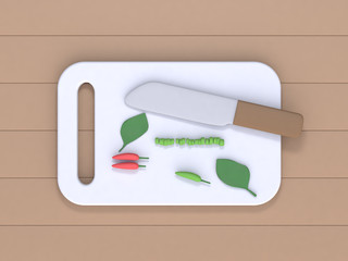 top view cooking wood table knife vegetable chopping board 3d rendering cartoon style