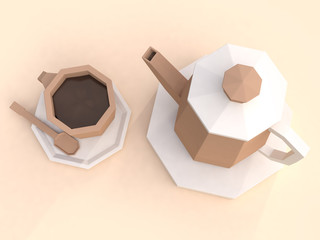 coffee cup top view low poly cartoon style 3d rendering
