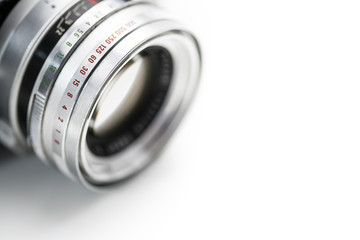 Very Old Vintage Film Camera, Macro Studio Shot On white Background, with space for text