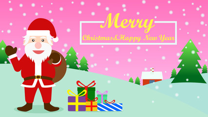 Christmas Background with Santa Claus and gift on snow fall - Vector Illustration