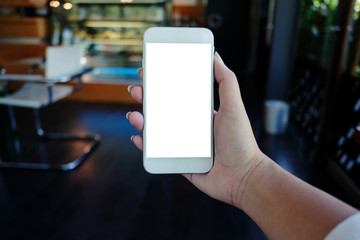 Close up of women's hands holding cell telephone blank copy space screen. smart phone with technology concept.