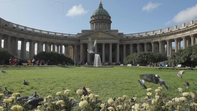 Flock of pigeons fly away on the Kazan Cathedral background, Slow motion - St. Petersburg, Russia