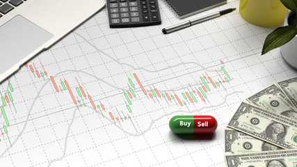 buy or sell business graph and money investment and financial investor stock market and money candlestick graph chart with indicator  for copy space object minimal concept flat lay 3D illustration