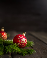 Christmas red balls in winter setting. Winter xmas holidays concept.)