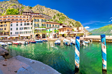 Limone sul Garda turquoise harbor panoramic view - obrazy, fototapety, plakaty