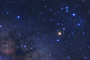 Close up - A wide angle view of the Antares Region of the Milky Way Galaxy with stars and space dust in the universe, Long exposure photograph, with grain.