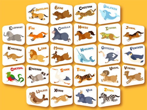 Vector childer alphabet with 26 funny animals and description, English letters, abc, full set, children education poster, pre-school study
