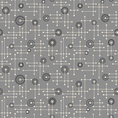 Seamless 1950s retro pattern of lines and circles for fabric design, wrapping paper, backgrounds. Vector illustration.