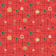 Seamless 1950s retro pattern of lines and circles for fabric design, wrapping paper, backgrounds. Holiday red and green. Linen texture overlay.