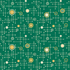 Seamless 1950s retro pattern of lines and circles for fabric design, wrapping paper, backgrounds. Holiday green and gold.