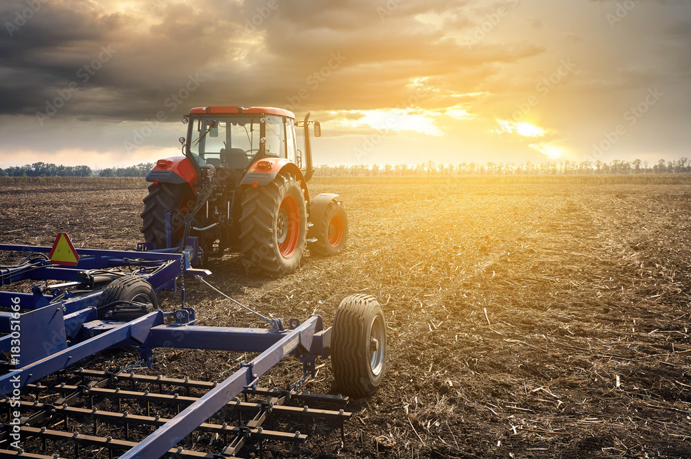 Poster Tractor working in the field on a sunset background