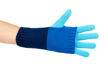 Warm winter children's gloves in hand isolated on white background. Sale and buy