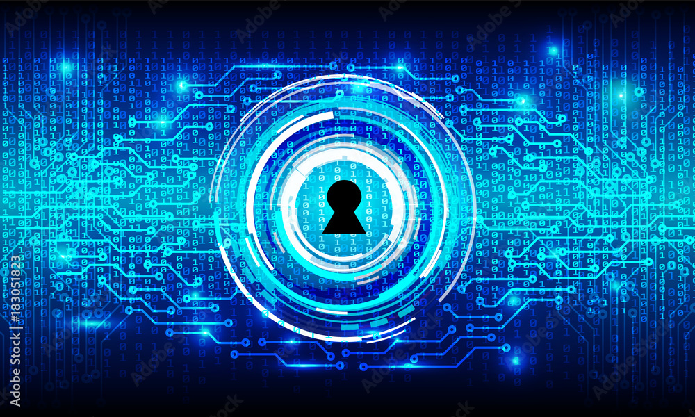 Aufkleber Security Circuit Board With Binary Code Vector Background. Blue Hi Tech Abstract Circle Keyhole Panel Virus Protection Concept Illustration.