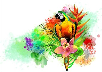 Fototapeta na wymiar Colorful illustration with parrots in colors on an abstract background.