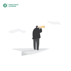 Businessman with binoculars on paper plane in the sky meaning  vision of leader on white background illustration vector. Business concept.
