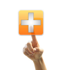 Obraz premium 赤十字ボタンを押す女性の手