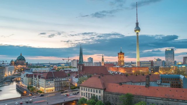 Berlin city skyline day to night timelapse with Berlin TV Tower and Spree River, Berlin, Germany 4K Time lapse