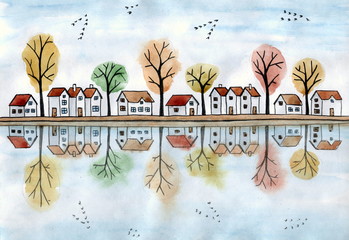 Рисунок акварелью "Осень - дома и деревья в отражении"