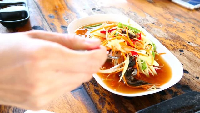 Som Tum Papaya salad with crab. spicy thai food. Video Footage Clip
