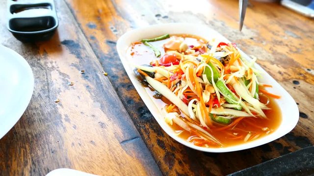 Som Tum Papaya salad with crab. spicy thai food. Video Footage Clip