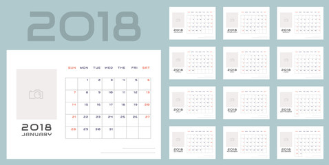Simple minimalistic calendar of new 2018 year in light colors with place for picture. Week starts in Sunday, twenty month calendar. Work and holiday events planner, block-almanac mockup or template