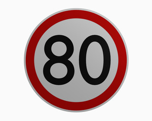 Deutsche Verkehrszeichen: Höchstgeschwindigkeit achtzig. 3d rendering auf weiß isoliert